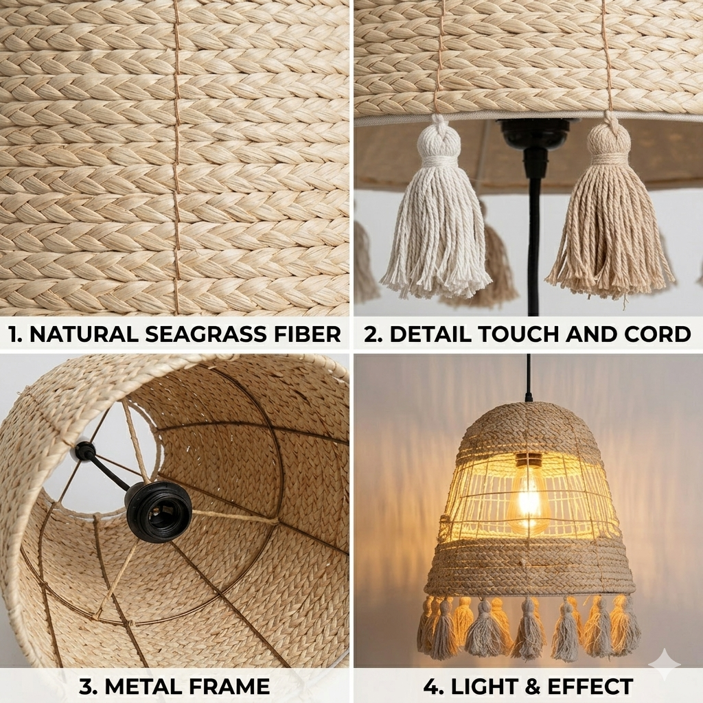 Coastal farmhouse style tassel pendant light perfect for creating a serene beach house theme.