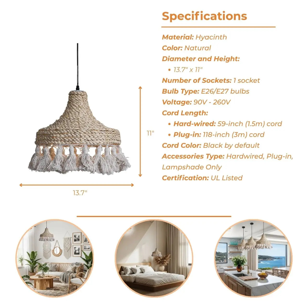 Earthy hand-woven hyacinth fiber hanging lamp with a rustic texture and fringe tassel detail.