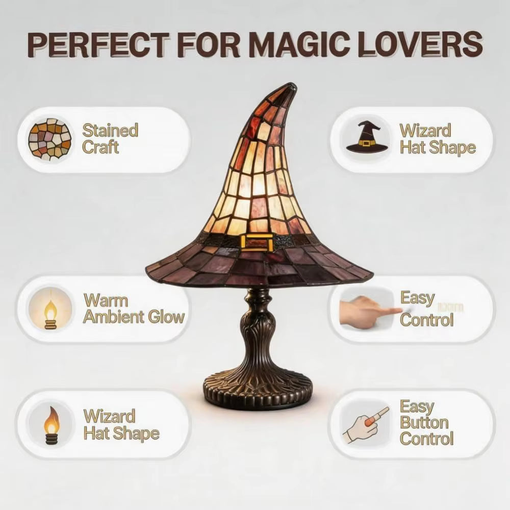 A stained-glass-style witch hat table lamp centered on a light gray background, surrounded by feature callouts reading 'PERFECT FOR MAGIC LOVERS,' 'Stained Craft,' 'Wizard Hat Shape,' 'Warm Ambient Glow,' 'Easy Control,' and 'Easy Button Control.'.