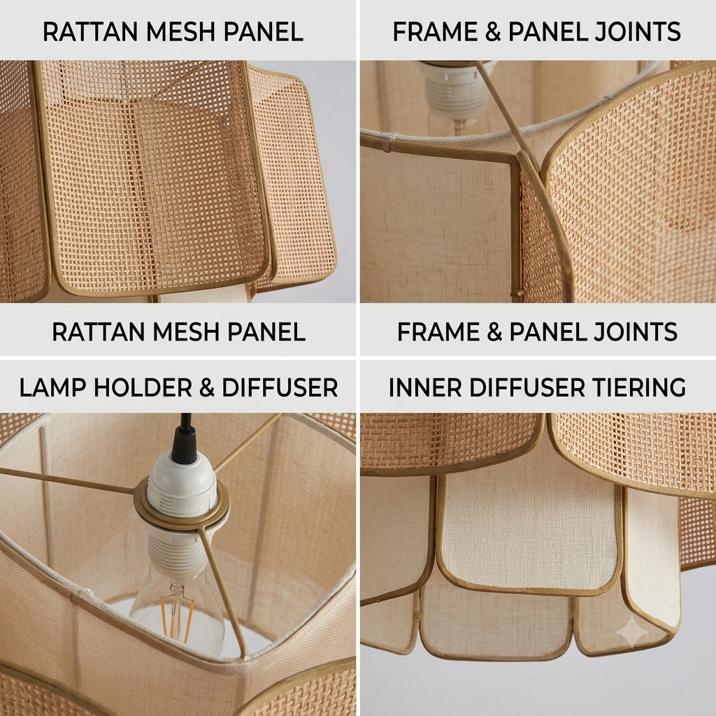Intricate rattan hanging light, artisanal detail for natural home environment, tiered structure.