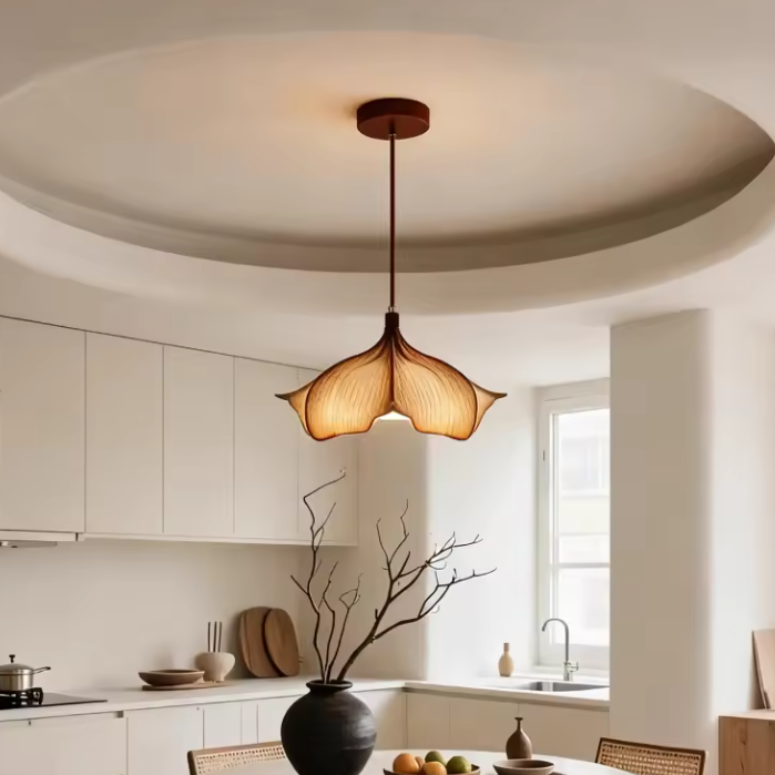 Hanging lamp in Wabi-sabi style, featuring Wood Mix Resin material, ideal for Dining table decor, providing ambient, task, and mood lighting.