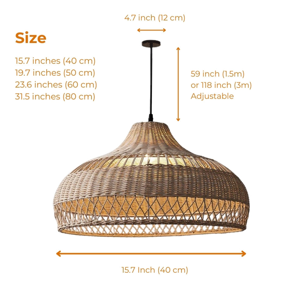 Tiered pattern sustainable bamboo chandelier highlighting three distinct hand-woven styles from a tight top neck to an open-work bottom edge.