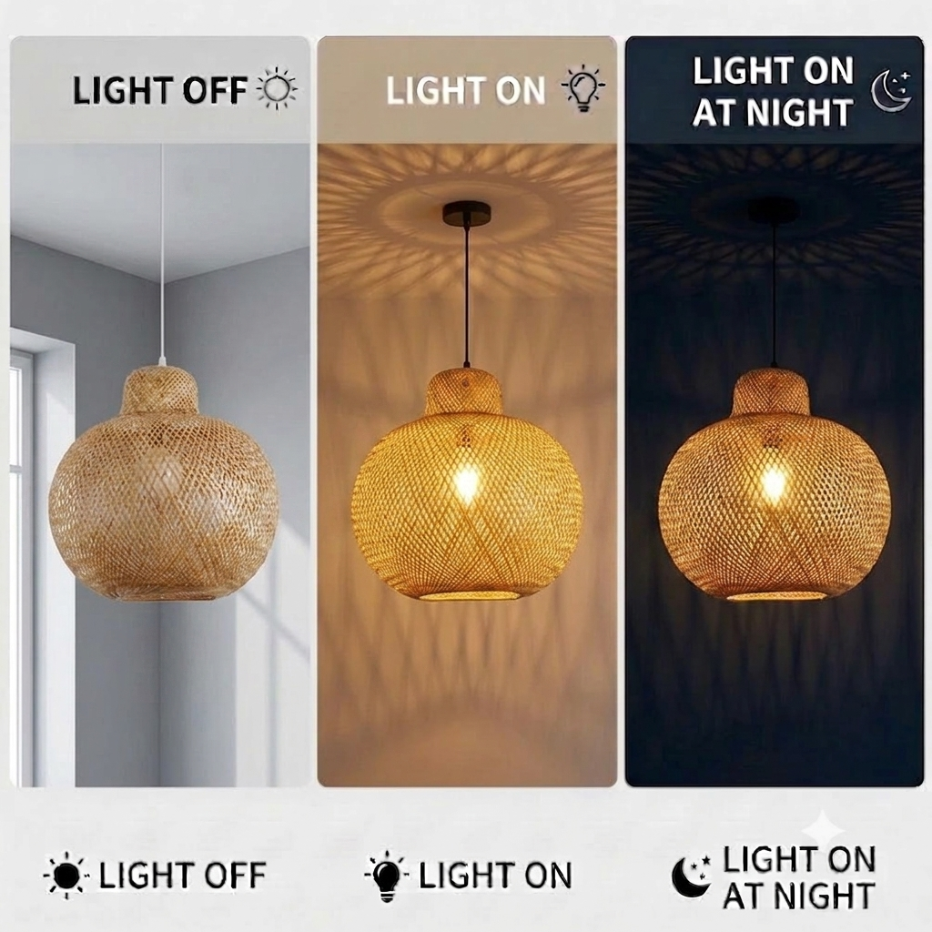 Cozy reading corner light, natural bamboo pendant for a relaxing home nook, sphere design.