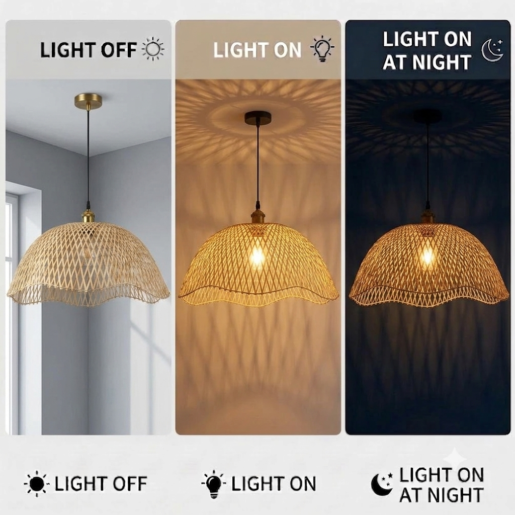 Elegant quiet luxury lighting, artisanal bamboo lamp for cozy home atmosphere.