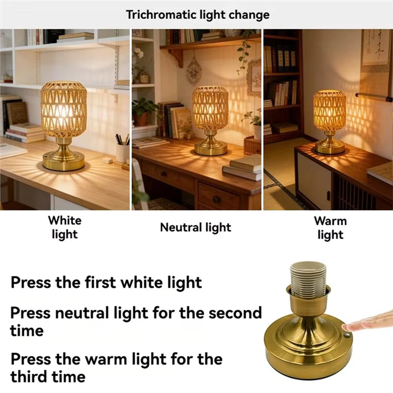 A product demonstration graphic showing a brass table lamp with a trichromatic light-changing feature. The top row shows three panels of the lamp lit in white, neutral, and warm light, casting warm shadows on wooden desks.