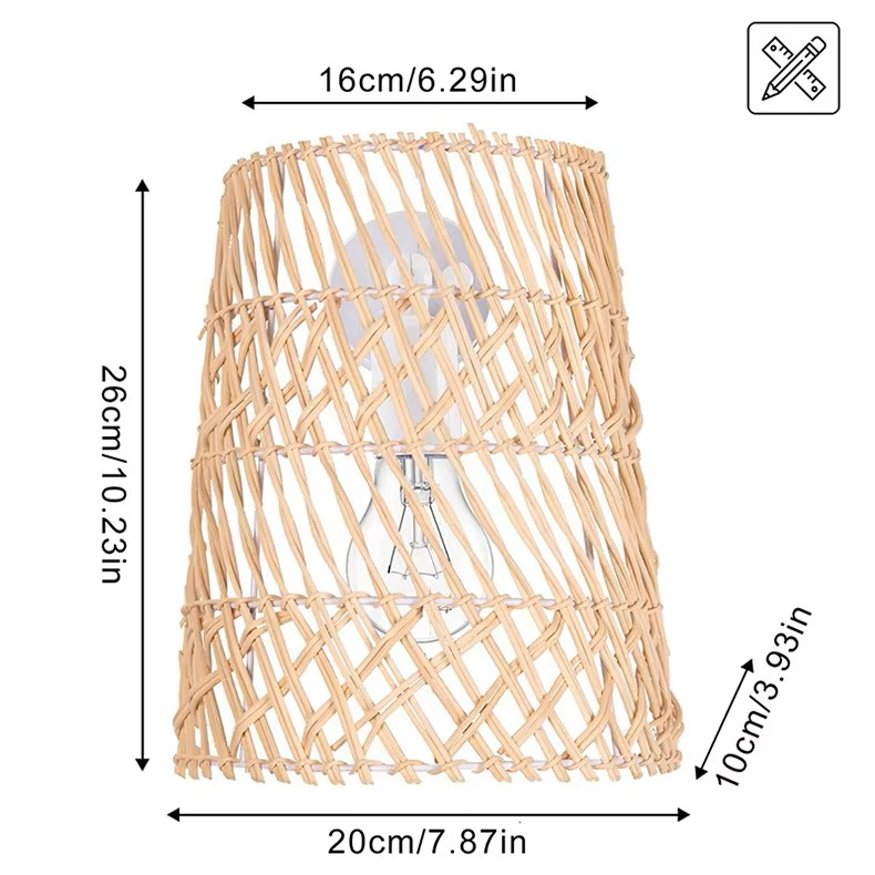 A woven natural rattan lampshade with dimension arrows and labels showing 26cm height, 20cm width, and 10cm shade width, on a white background.
