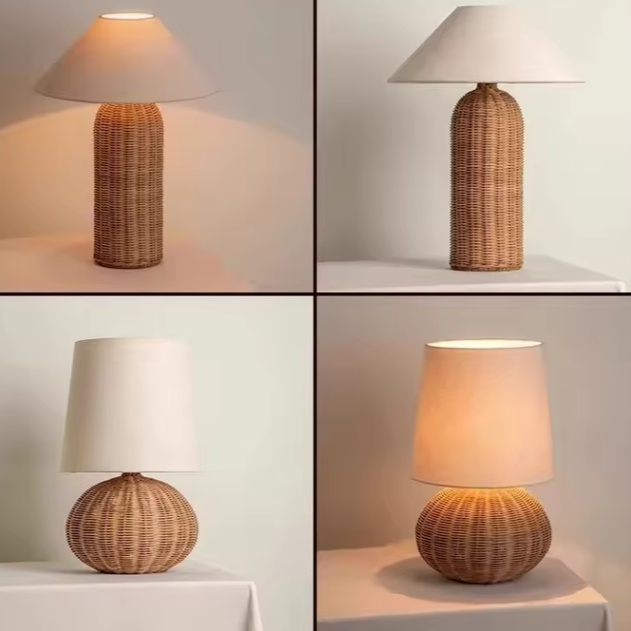Sustainable lighting decor featuring a matching set of handcrafted woven rattan bases and fabric shades for contemporary interiors.