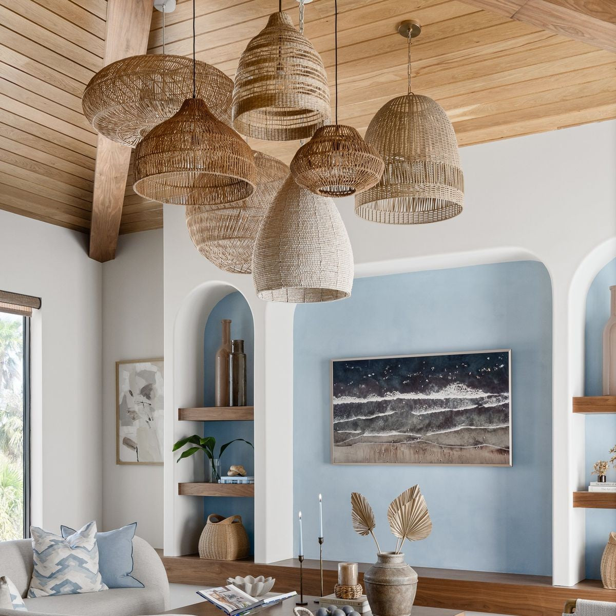 living room decor with rattan pendant lights