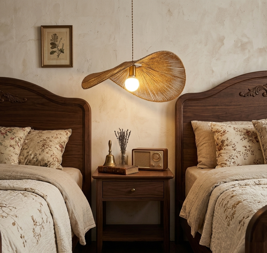 Soft glow bamboo weave chandelier creating a relaxing bedroom atmosphere