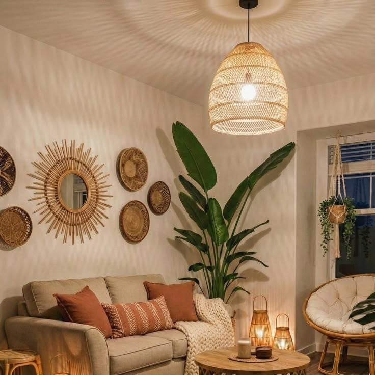 rattan pendant light for boho living room, boho pendant light