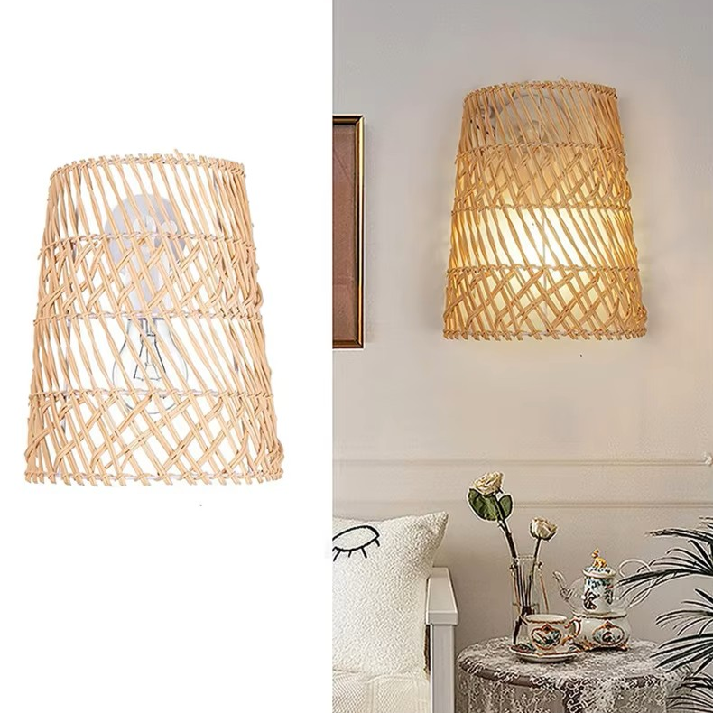 A woven natural-fiber wall lampshade shown in two views: a close-up on a white background and installed on a wall in a styled room with a sofa, side table, and decor.