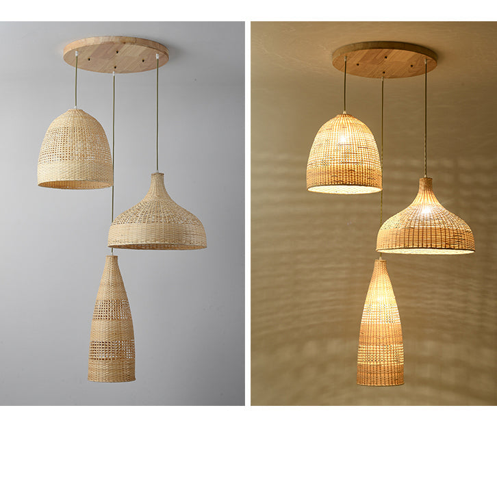 3-light rattan cluster chandelier with a combination of unique conical and rounded wicker lampshades.