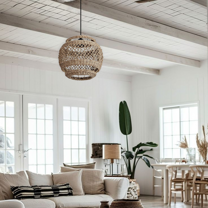 Handwoven seagrass globe pendant light with intricate woven texture for natural home decor