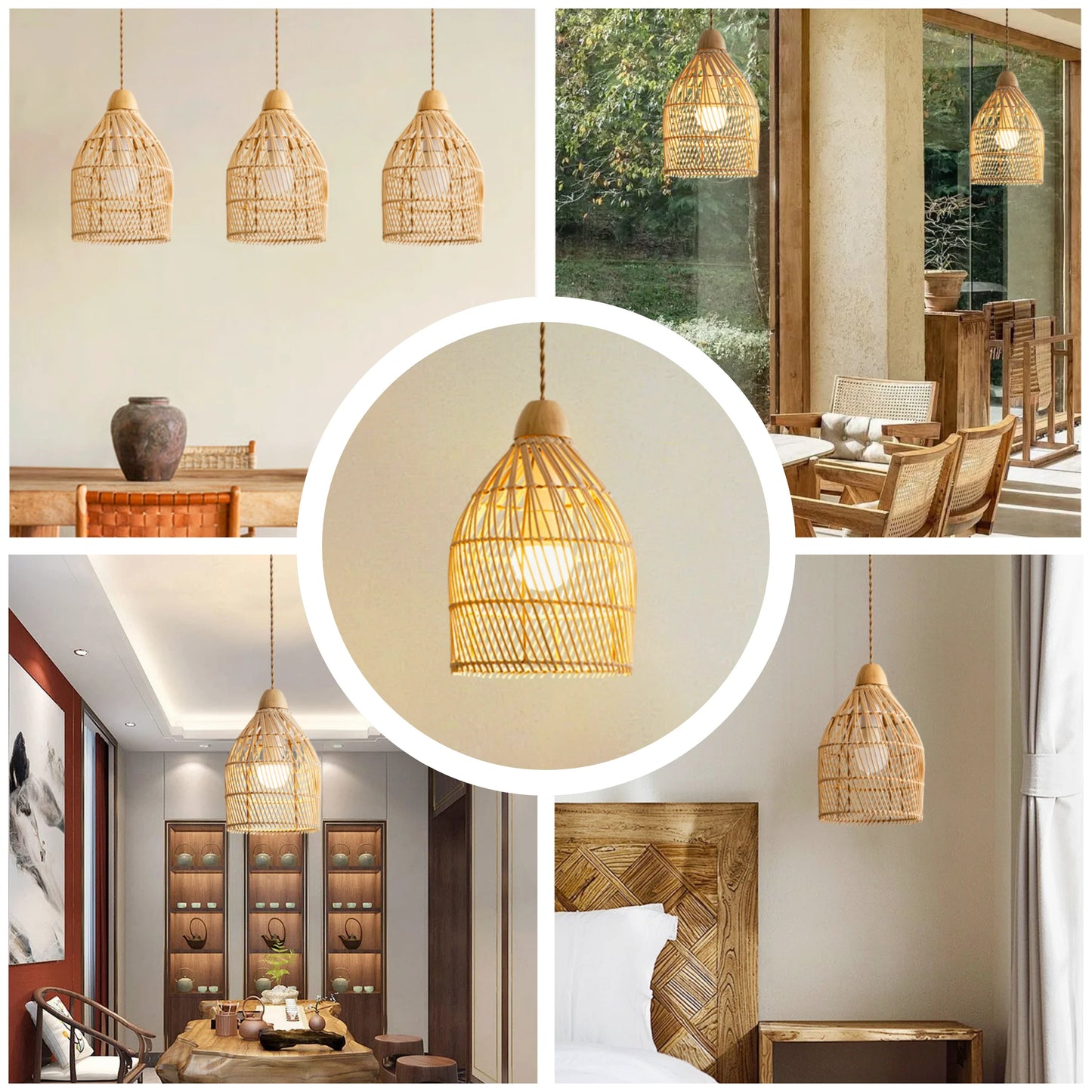 Handwoven Rattan Bell Pendant Light - Minimalist Boho Hanging Lamp