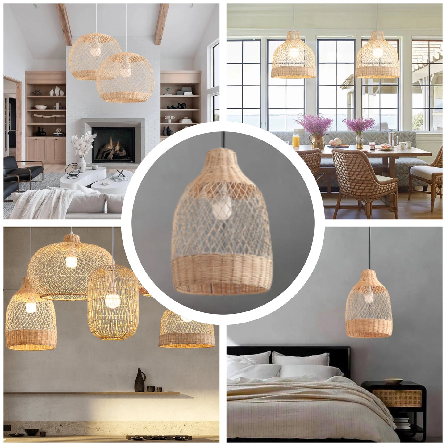 Aesthetic 5-piece rattan light fixture set for curated interior lighting