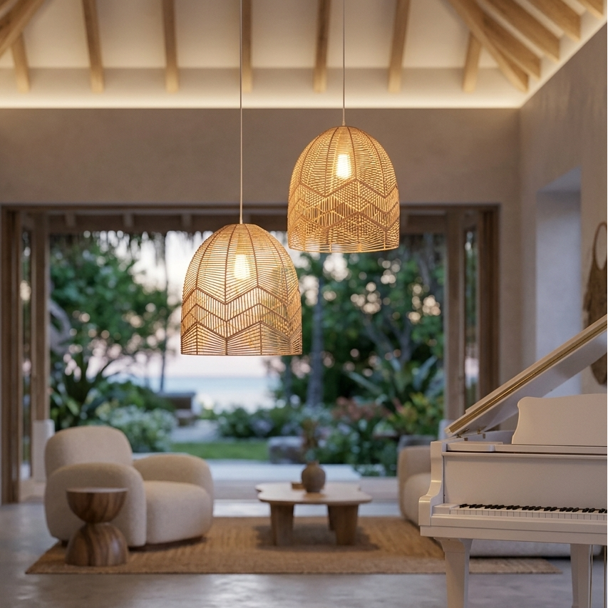 Aesthetic cafe bamboo pendant light creating an upscale, earthy eco-resort aesthetic with sustainable materials.