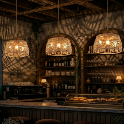 Aesthetic woven ceiling lamp creating a cozy and inviting dining experience in a restaurant setting.