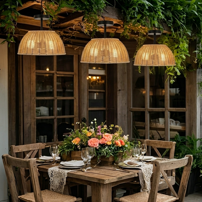 Aesthetic woven ceiling lamp creating a cozy and welcoming dining experience in a restaurant setting.