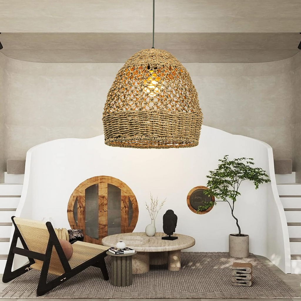 Aesthetic woven dome light adding rustic charm to cafe or bistro decor