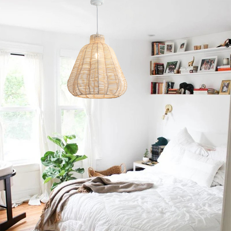 Aesthetic woven rattan lamp perfect for creating a relaxing bedroom ambiance