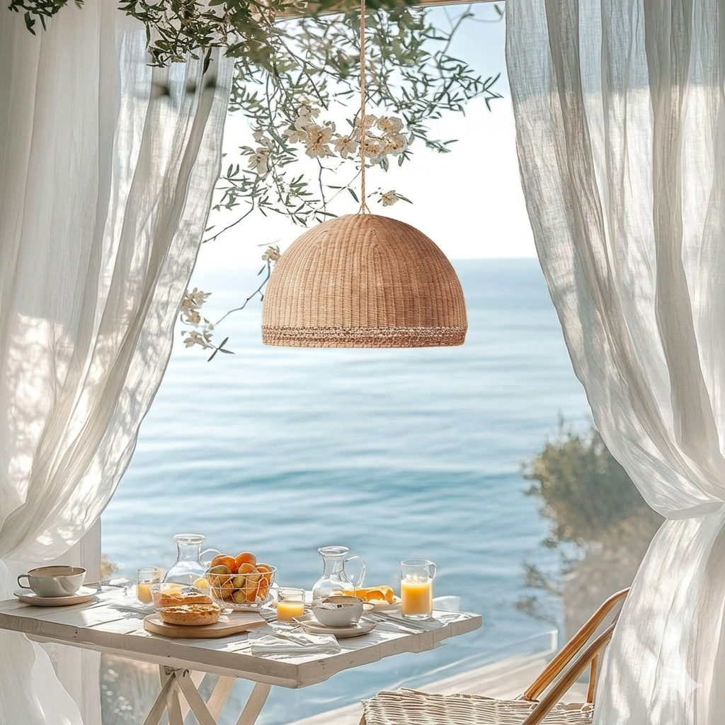 Airy rattan pendant light perfect for adding a bright, airy, and relaxed feel to a sunroom.