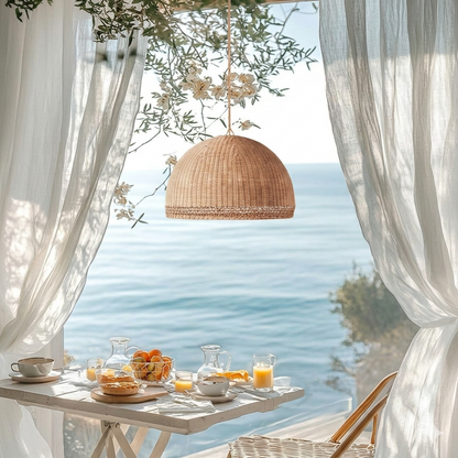 Airy rattan pendant light perfect for adding a bright, airy, and relaxed feel to a sunroom.