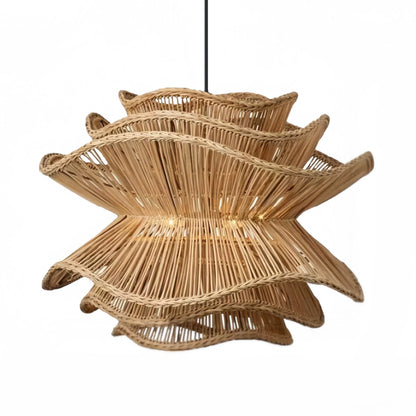 Alondra organic rattan chandelier hanging lamp showcasing natural wood tones and minimalist shape.