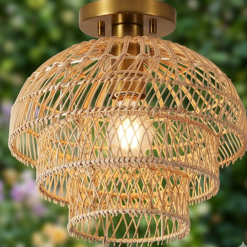 Artisan-made layered bamboo semi-flush mount fixture showcasing high-quality natural fibers and craftsmanship.