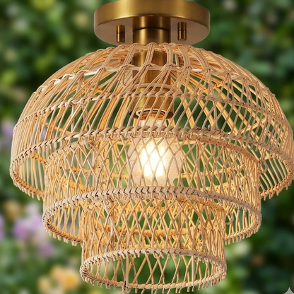 Artisan-made layered bamboo semi-flush mount fixture showcasing high-quality natural fibers and craftsmanship.