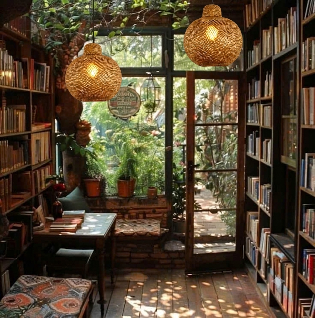 Natural handwoven bamboo hanging lamp, provides warm and cozy ambient lighting for book cafe reading corners and study areas.