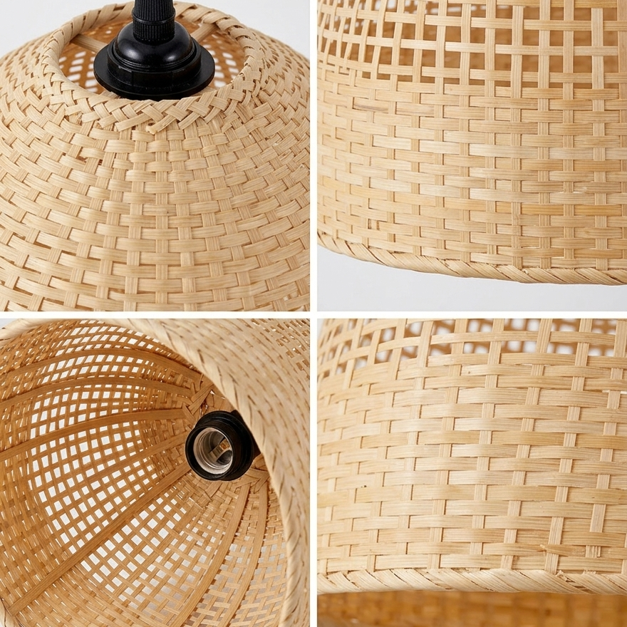 Artisan-made bamboo and rattan hanging light showing natural organic material patterns.