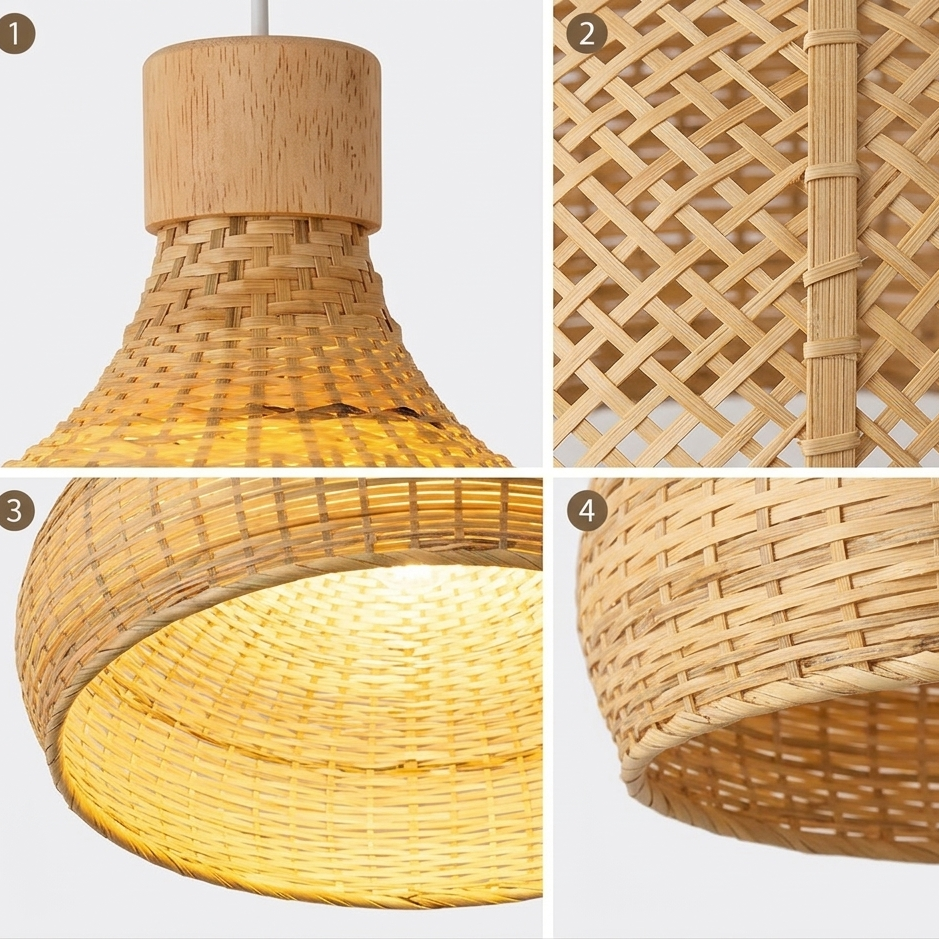 Artisan crafted rattan and bamboo ceiling lamp showing fine craftsmanship and organic texture.
