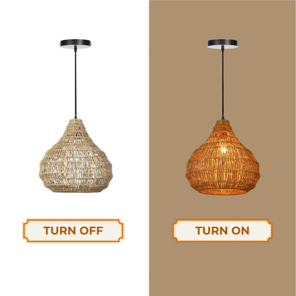Artisan crafted woven rattan light shade with detailed rustic weaving pattern