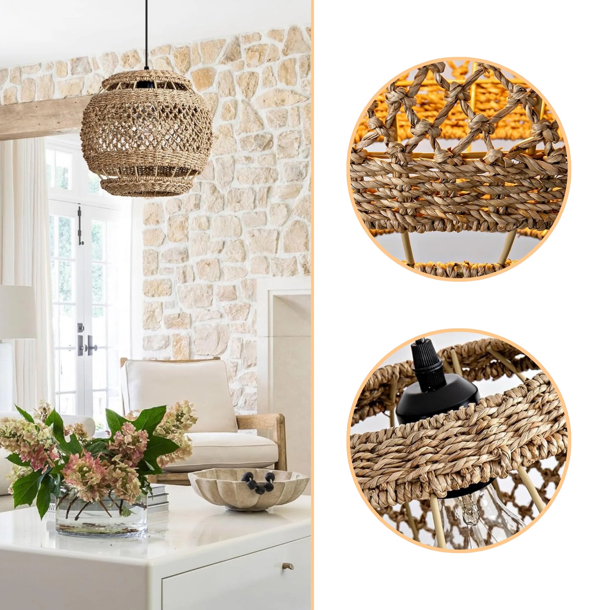 Artisan crafted woven rattan light shade with a detailed rustic weaving pattern