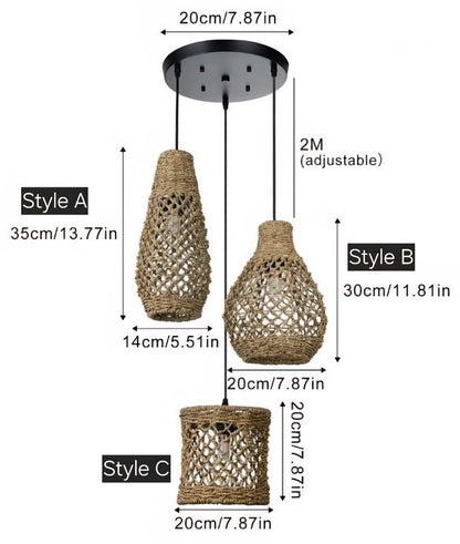 Artisan-crafted jute rope hanging light fixture with a complex, durable braided design.