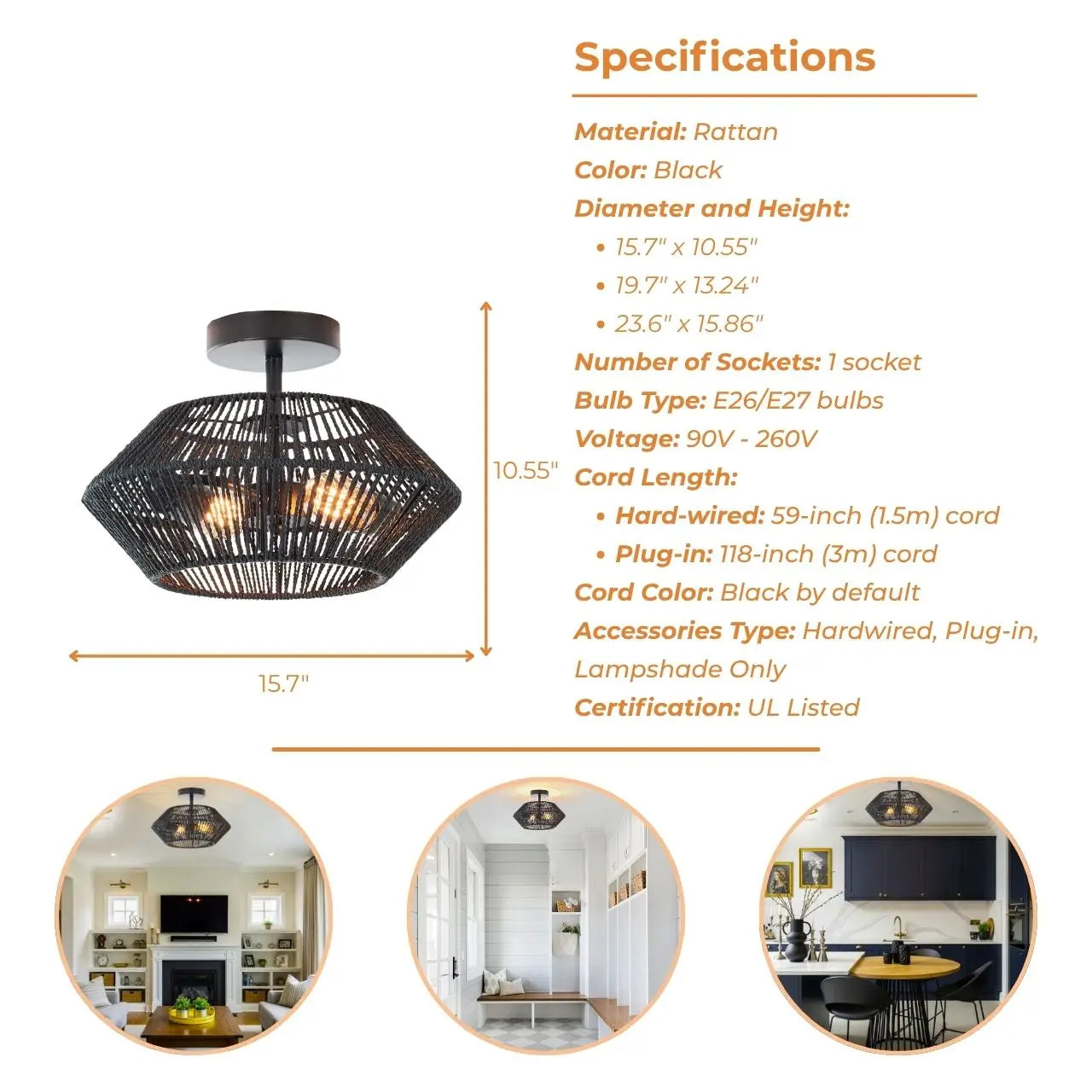 Artisan-crafted woven jute fiber flush mount ceiling lamp with a durable black finish.
