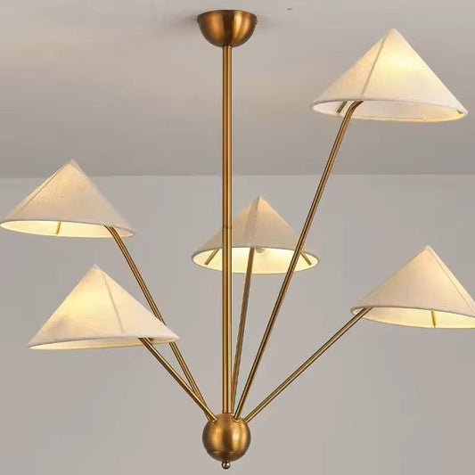 Artisan crafted Wabi-Sabi chandelier with brass structure and cone shades