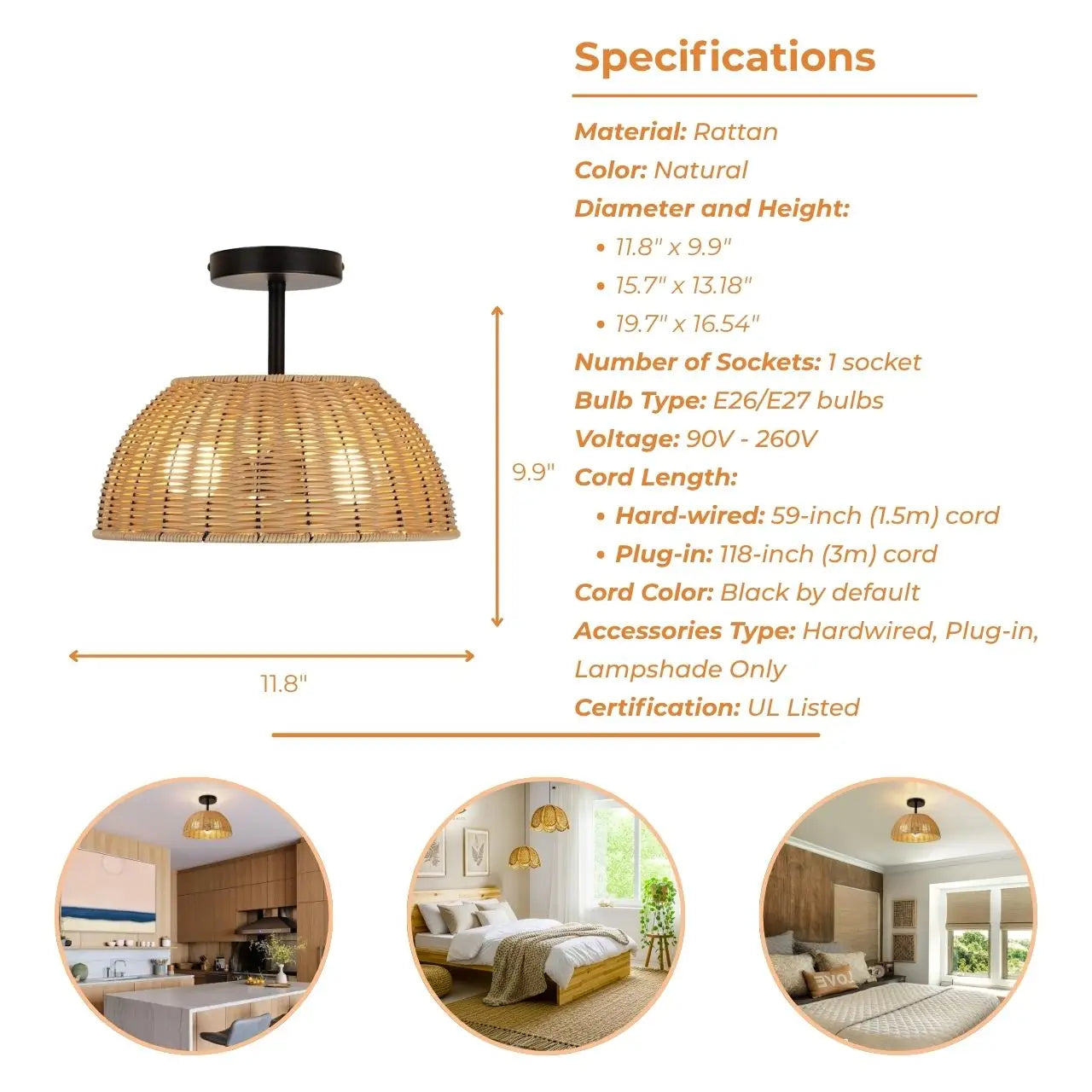 Artisan-made wicker semi-flush mount light fixture showcasing skilled natural fiber craftsmanship.