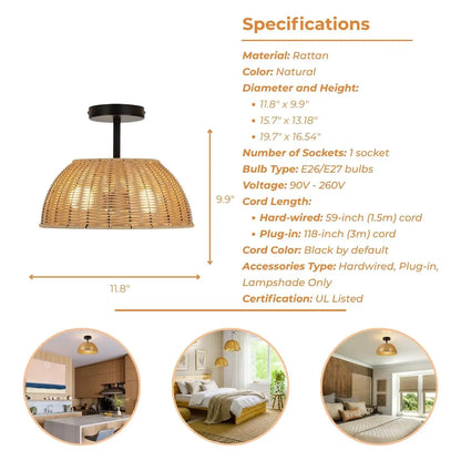 Artisan-made wicker semi-flush mount light fixture showcasing skilled natural fiber craftsmanship.