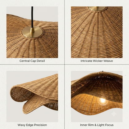 Eco-friendly rattan drop light, meticulously handwoven in a soft wave silhouette for a healthy living space.
