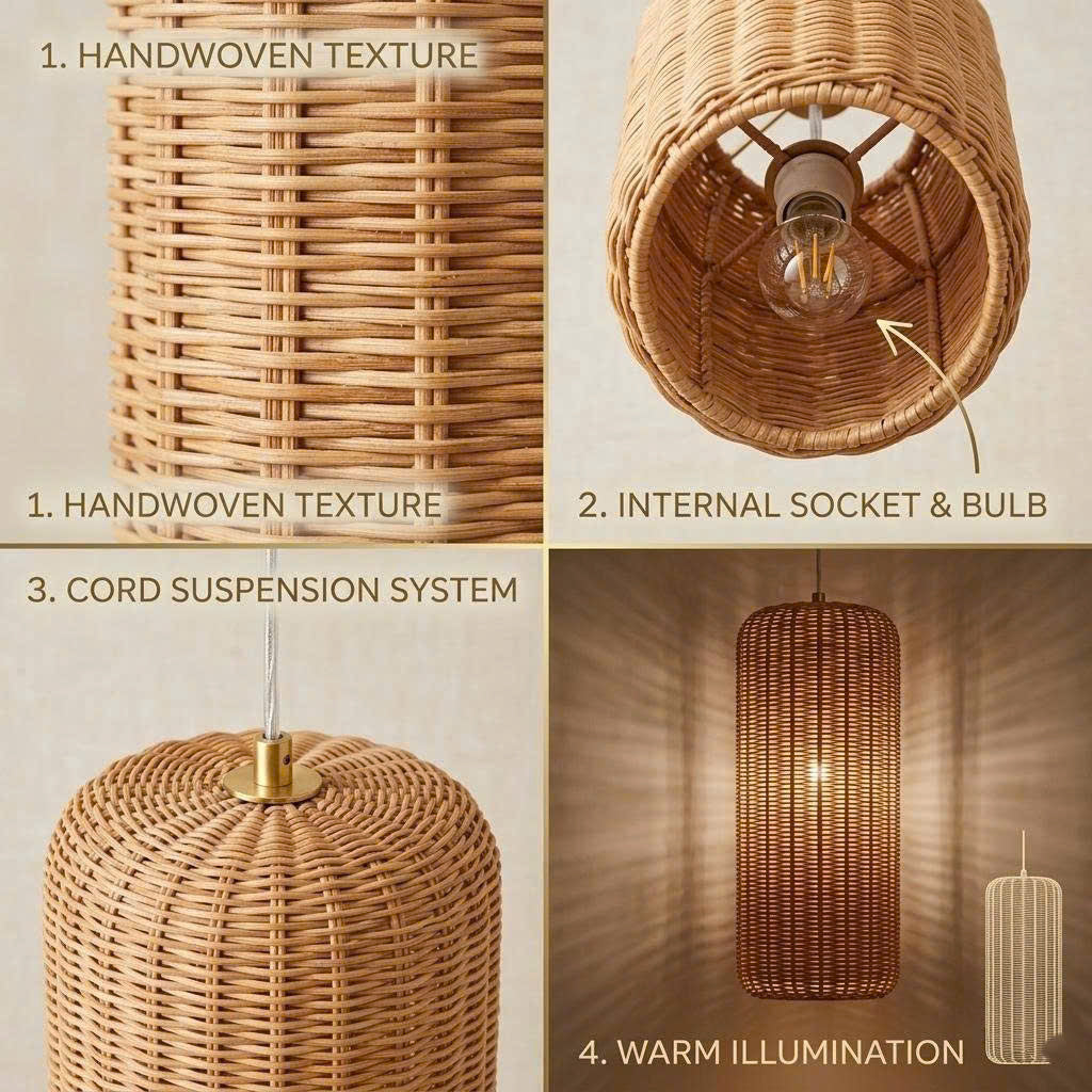 Artisan-crafted cylinder pendant light made of organic rattan for healthy home lighting.