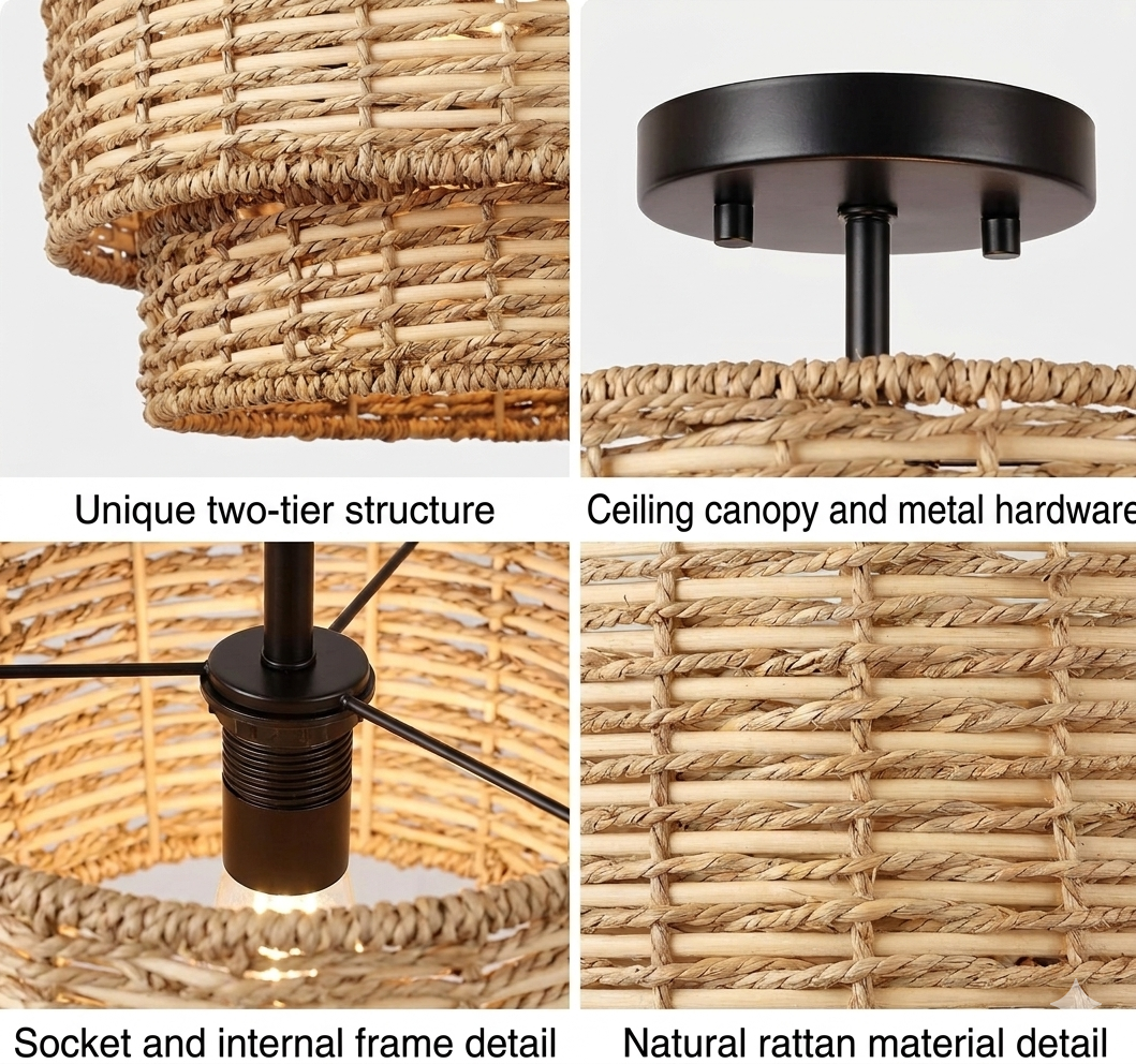 Artisan-made woven rattan semi-flush mount light fixture showcasing skilled natural fiber craftsmanship.