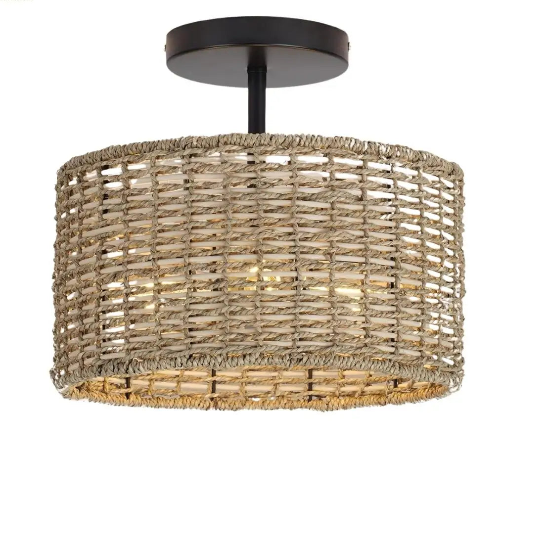 Artisan-made woven rattan semi-flush mount light fixture showcasing skilled natural fiber craftsmanship.