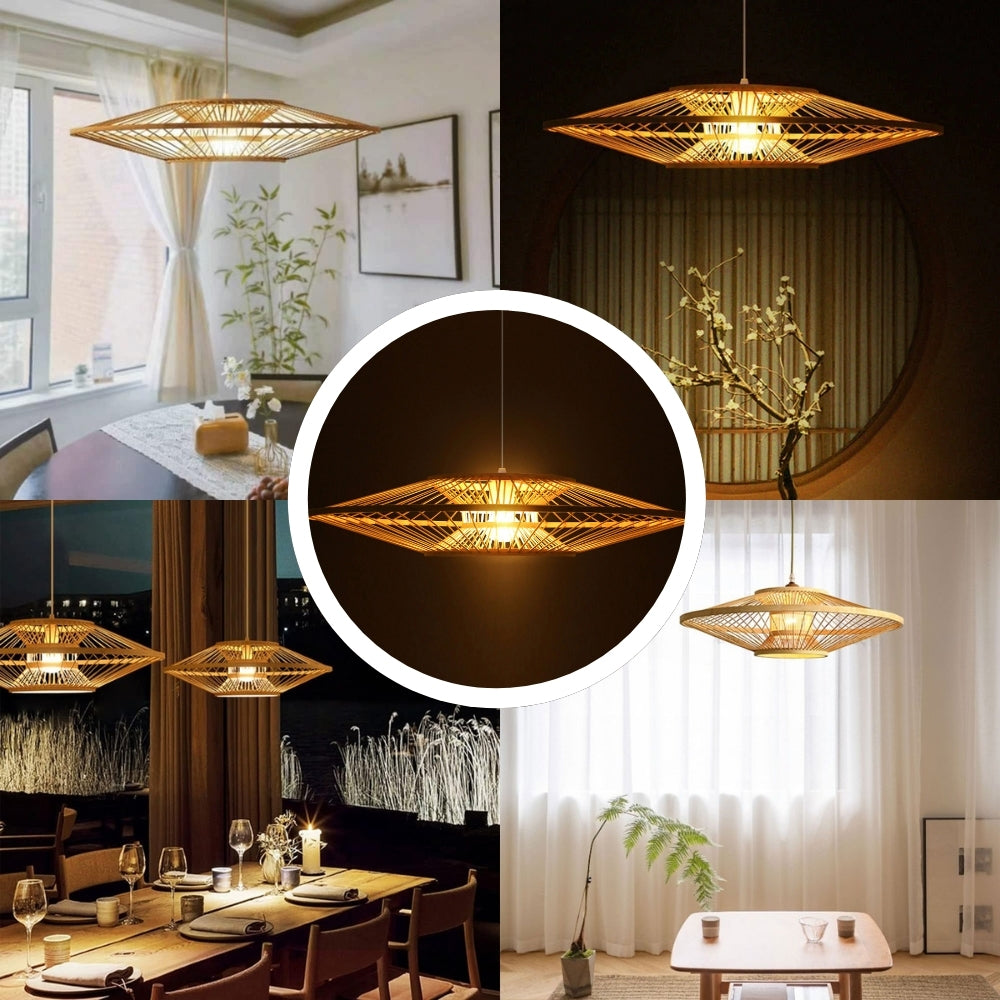Artisanal bamboo hanging lamp showcasing raw Wabi-Sabi style