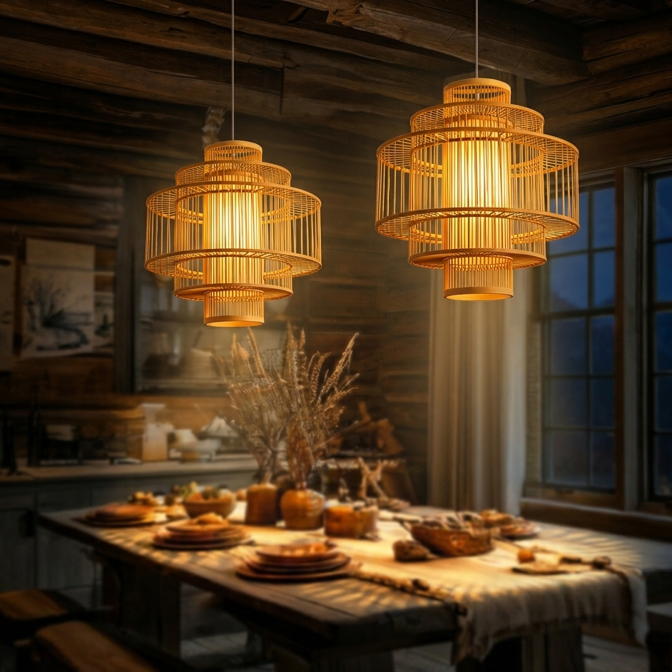 Artisanal natural bamboo tiered pendant light with precise wooden slat construction