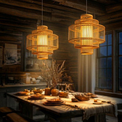 Artisanal natural bamboo tiered pendant light with precise wooden slat construction