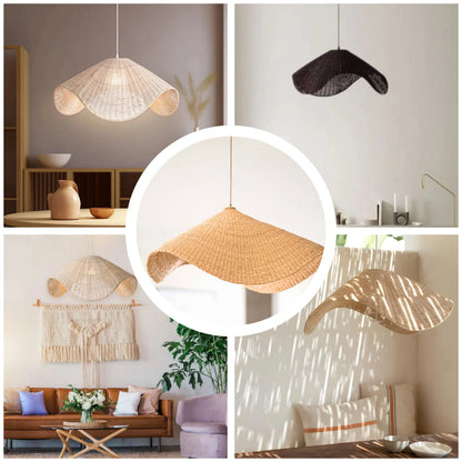 Artisanal woven bamboo fiber light shade showcasing intricate natural craftsmanship
