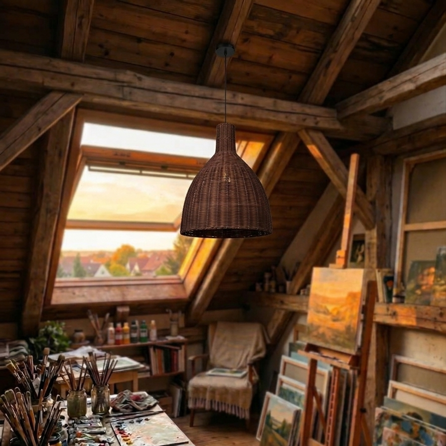Artistic bamboo light providing creative inspiration in an art studio.