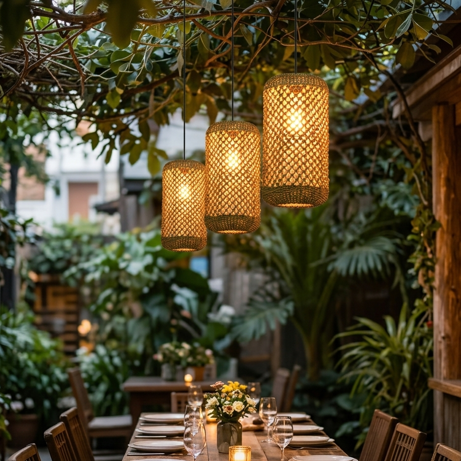 Elegant artistic jute pendant light set in a restaurant dining area