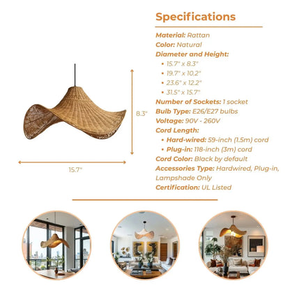 Artistic rattan hanging lamp creating a warm, inviting, and trendy vibe in a cafe setting.